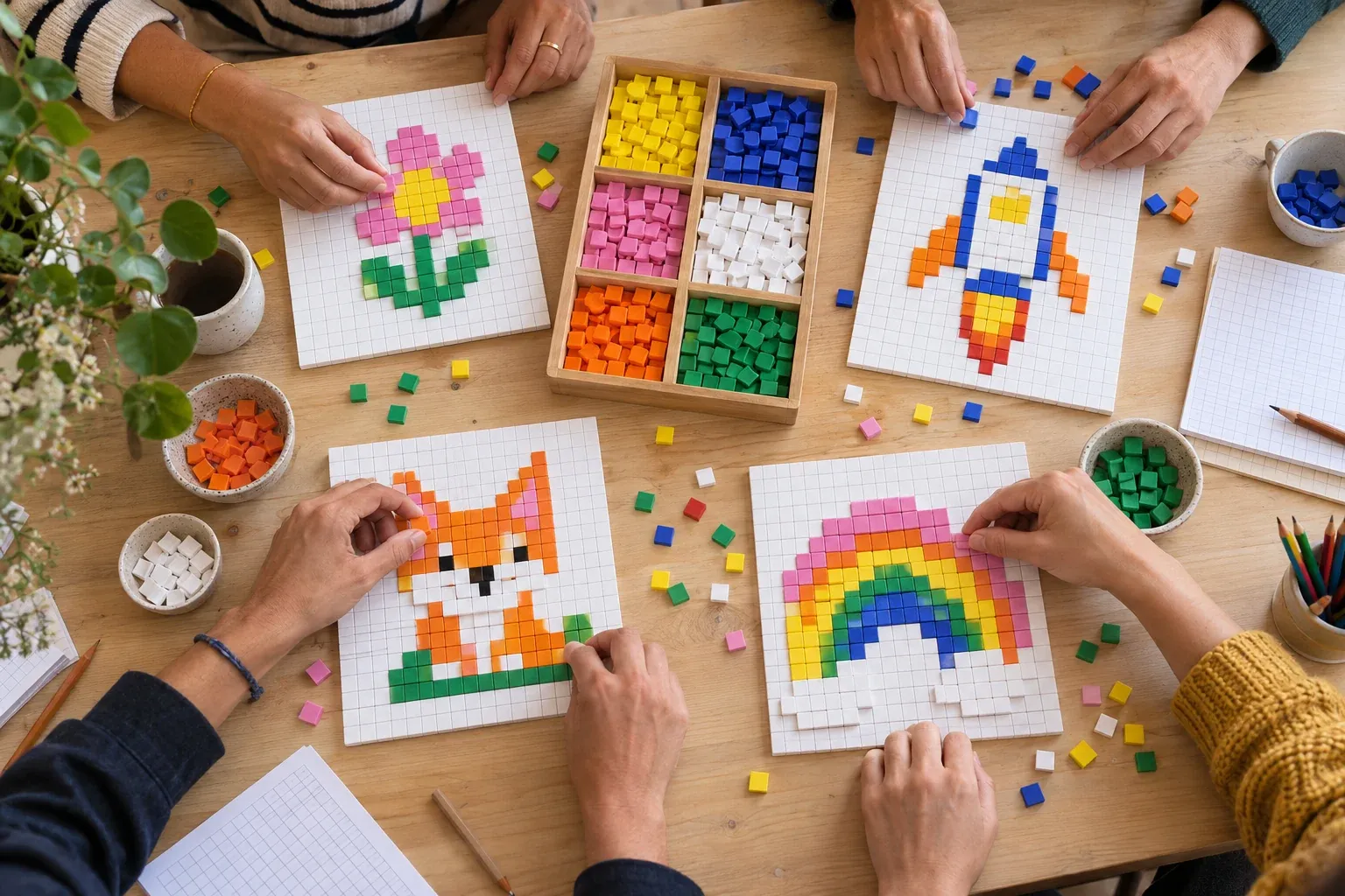 Atelier collectif avec supports pixel art et couleurs partagées