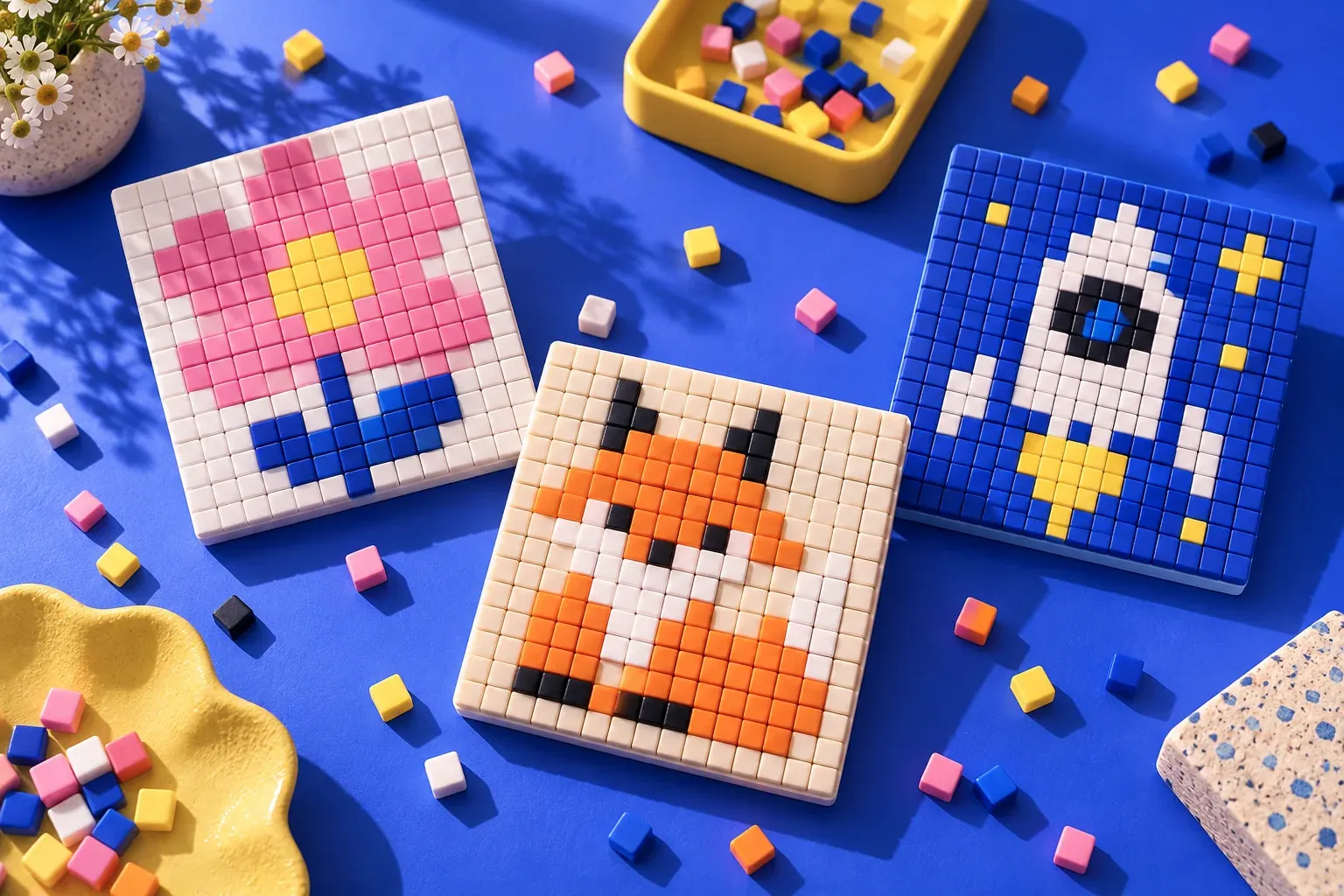 Fleur, renard et fusée réalisés en mosaïque de pixels colorés