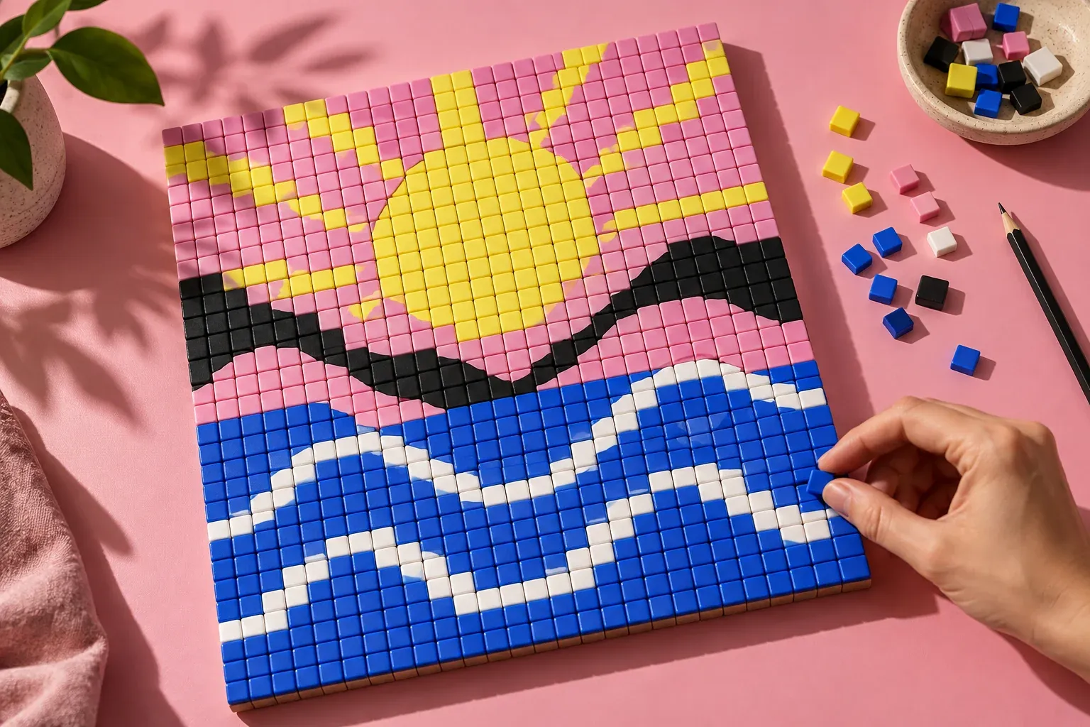 Création pixel art personnalisée avec soleil et vagues sur fond rose
